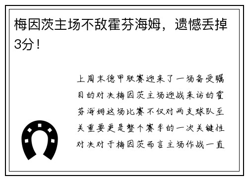 梅因茨主场不敌霍芬海姆，遗憾丢掉3分！